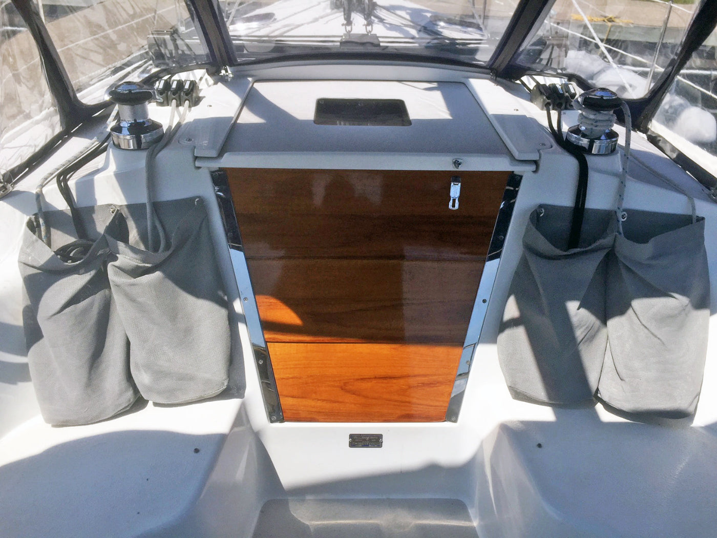 Catalina Yachts gray halyard bags on display